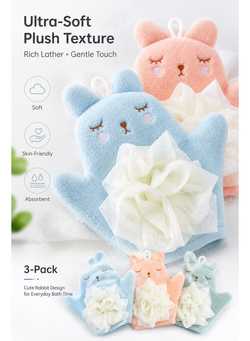 3-Pack Baby Bath Sponge Gloves, Soft Rabbit Bath Mitts for Toddlers and Kids, Gentle Bath Wash Gloves for Baby Bath Time, Pink Blue Green - Image 4