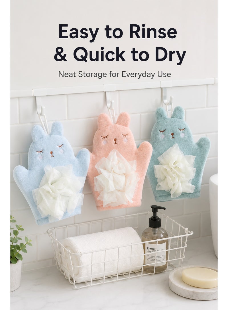 3-Pack Baby Bath Sponge Gloves, Soft Rabbit Bath Mitts for Toddlers and Kids, Gentle Bath Wash Gloves for Baby Bath Time, Pink Blue Green - Image 3
