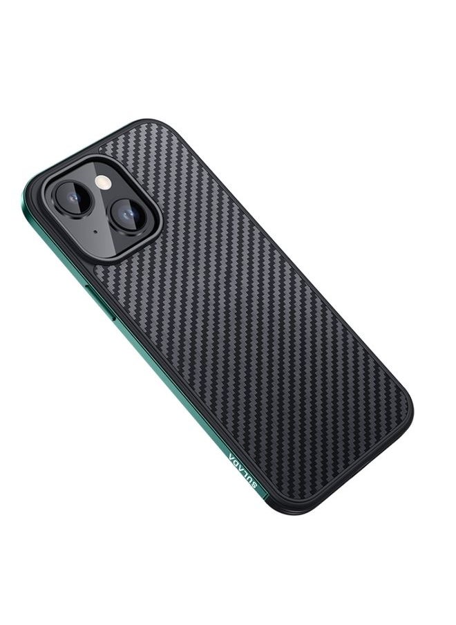 Generic Case Cover For iPhone 14 SULADA Carbon Fiber Textured Shockproof Metal + TPU Frame Case Dark Green 