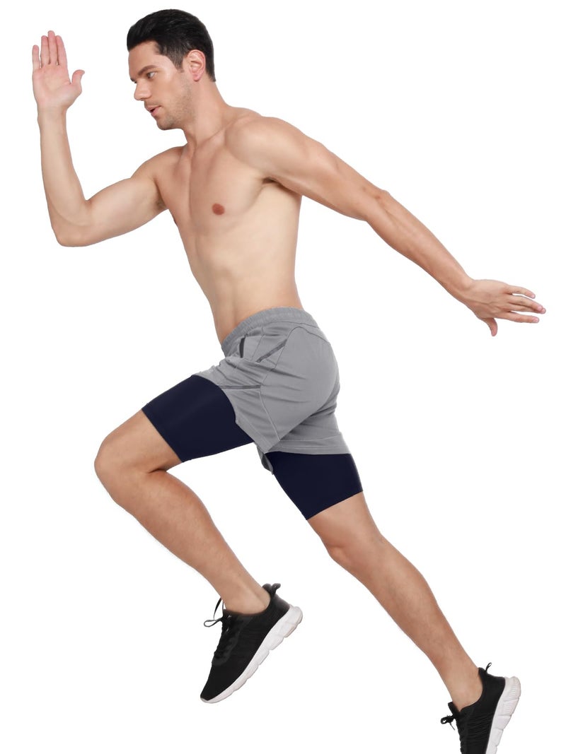 ARSUXEO Men's 2 in 1 Active Running Shorts with 2 Zipper Pockets B191 Grey Size Medium - Image 3