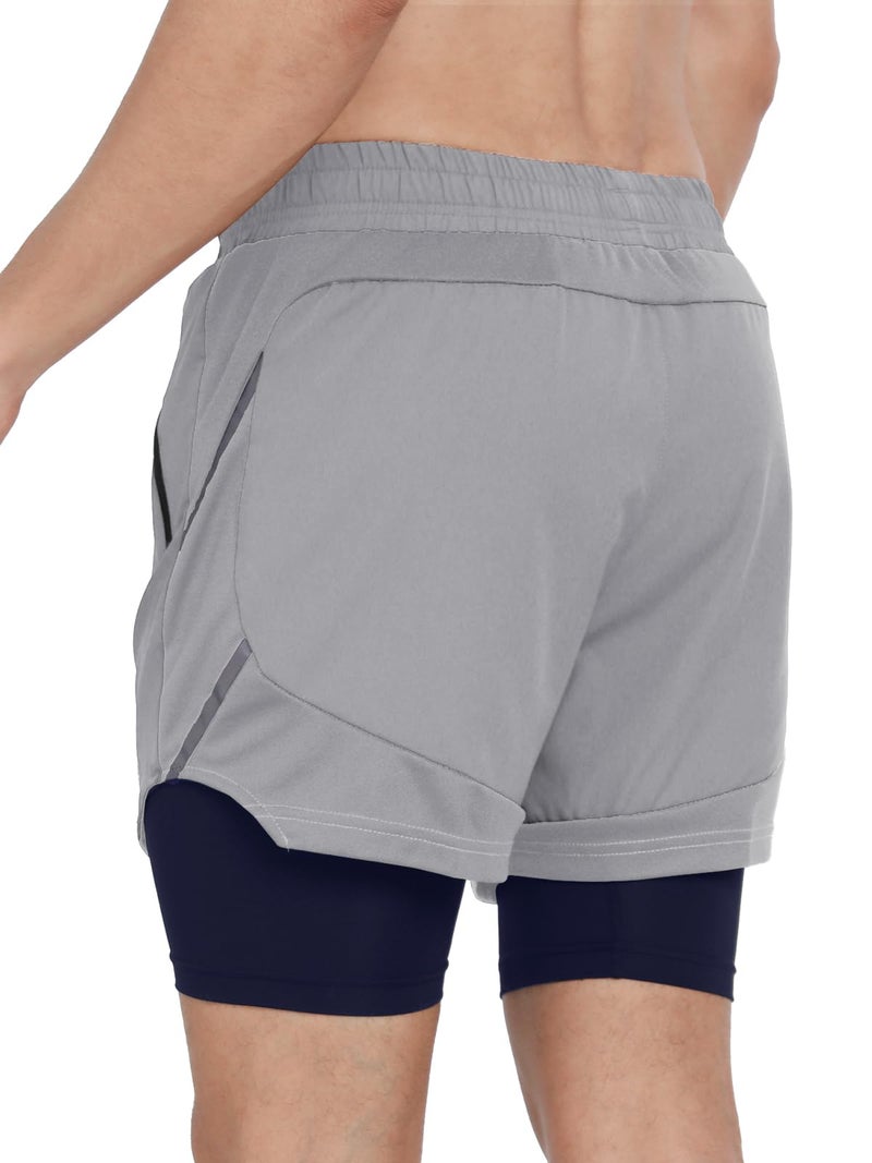 ARSUXEO Men's 2 in 1 Active Running Shorts with 2 Zipper Pockets B191 Grey Size Medium - Image 2