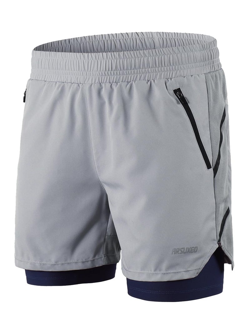 ARSUXEO Men's 2 in 1 Active Running Shorts with 2 Zipper Pockets B191 Grey Size Medium - Image 1