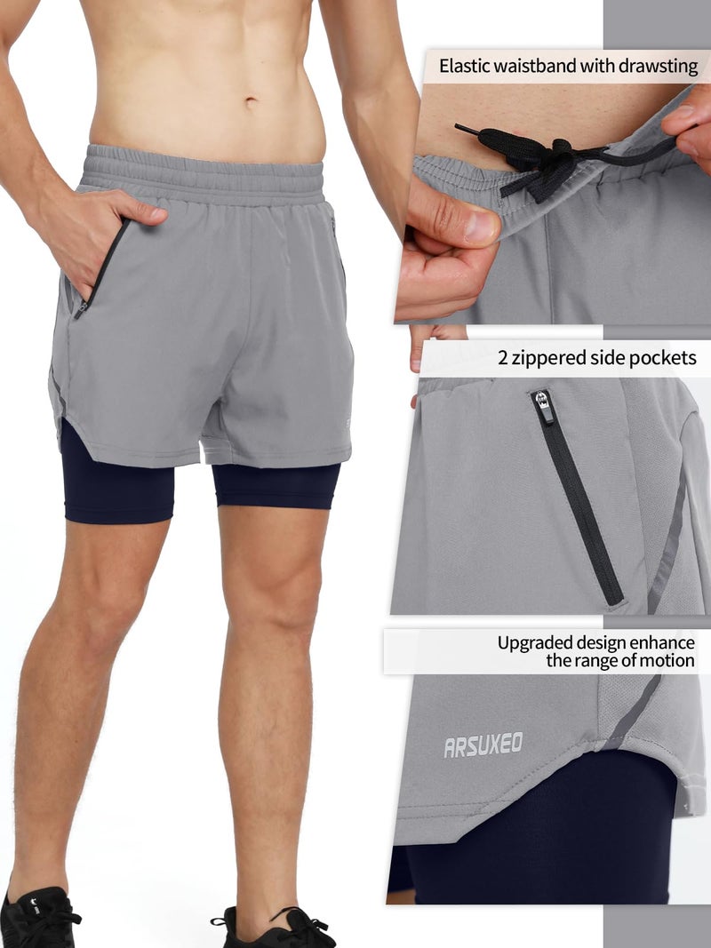 ARSUXEO Men's 2 in 1 Active Running Shorts with 2 Zipper Pockets B191 Grey Size Medium - Image 4