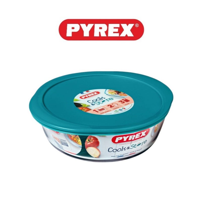 بيريكس Pyrex Cook & Store 2.3L Round Glass Roaster with Lid , Oven, Microwave, Freezer & Dishwasher Safe Borosilicate Baking Dish, Durable Food Storage, Green 2.3cm - Image 1