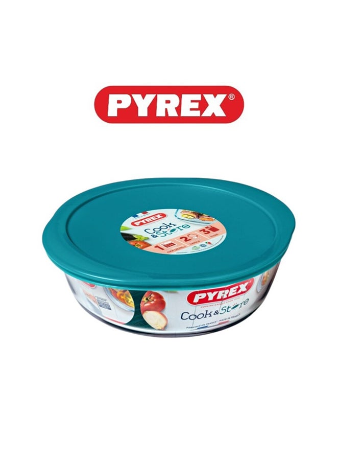 بيريكس Pyrex Cook & Store 2.3L Round Glass Roaster with Lid , Oven, Microwave, Freezer & Dishwasher Safe Borosilicate Baking Dish, Durable Food Storage, Green 2.3cm - Image 2