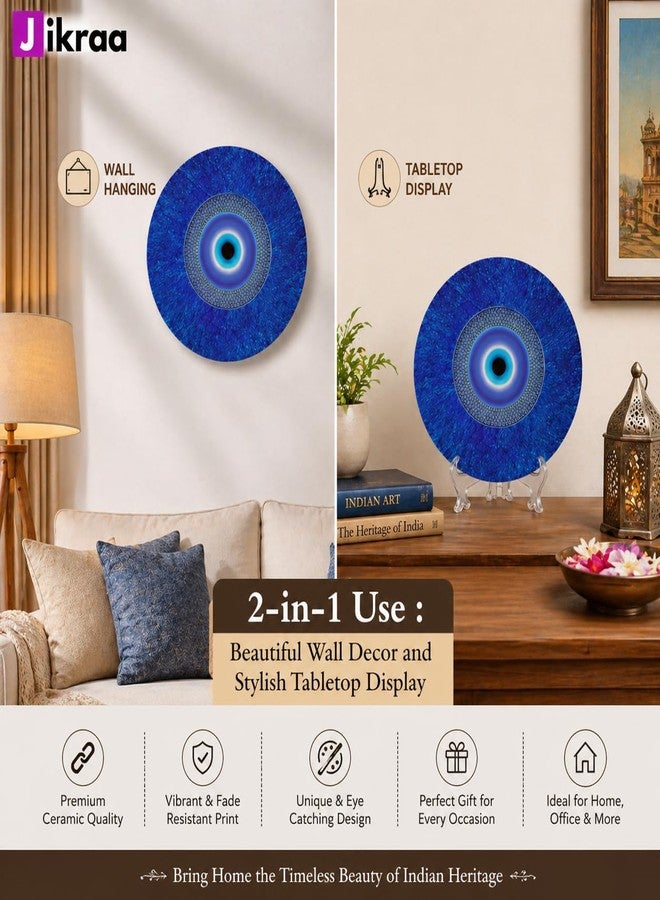 JIKRAA® Evil Eye Protection Ceramic Decorative Wall Plate with Stand | 2-in-1 Wall Hanging & Tabletop Display | Good Luck Positivity Prosperity Nazar Suraksha Blue Evil Eye Home Decor Plate | 10 inch - Image 3