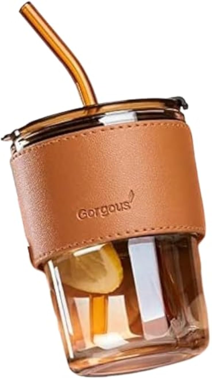 Glass Tumbler with Silicone Straw and Lid 435ml, Glass Cup with Leather Sleeve, Glass Coffee Mugs for Straw and Direct Drinking Mouth Dual Use, Summer Travel Essential Bottle. (Amber)