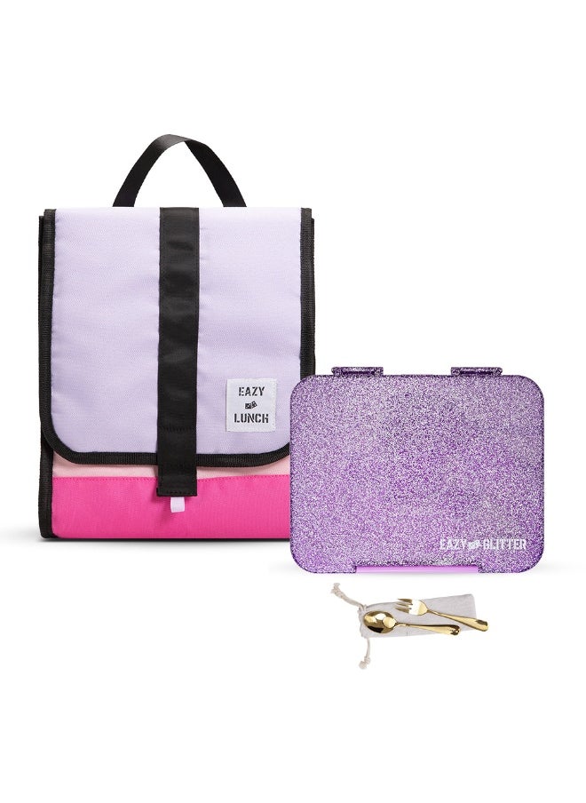 Eazy Kids Eazy Kids 6 & 4 Convertible Bento Lunch Box w/ Lunch Bag - Glitter Purple  - Image 1