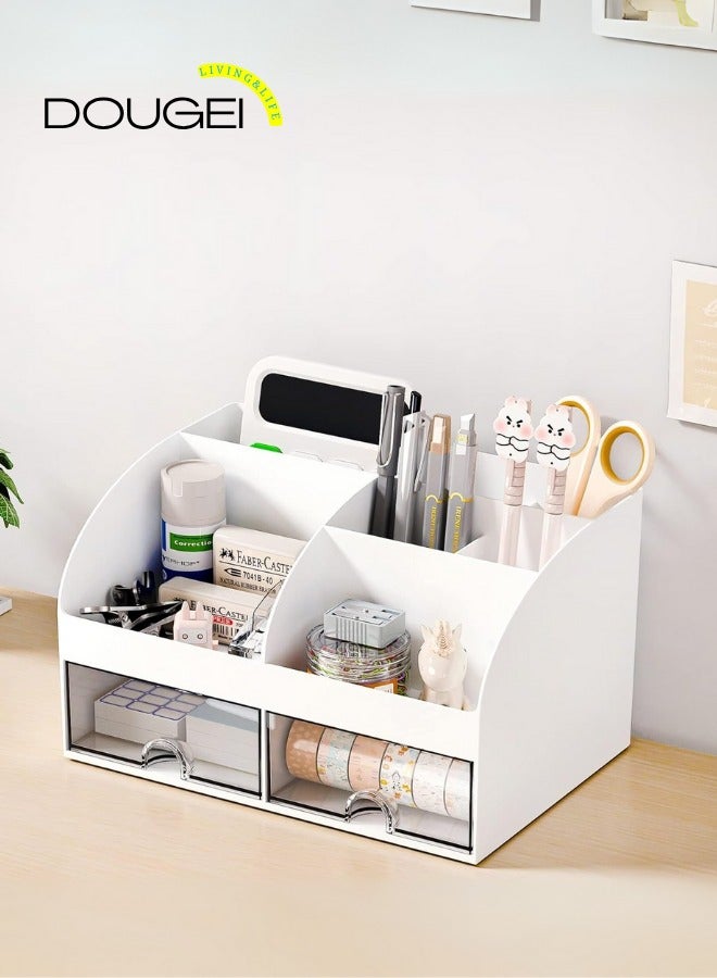 DOUGEI Desk Organizer with 6 Compartments and 2 Drawers, Plastic Makeup Organizer, Pen Holder for Desktop Storage, Desk Organization for School, Home, Office Supplies - Image 5
