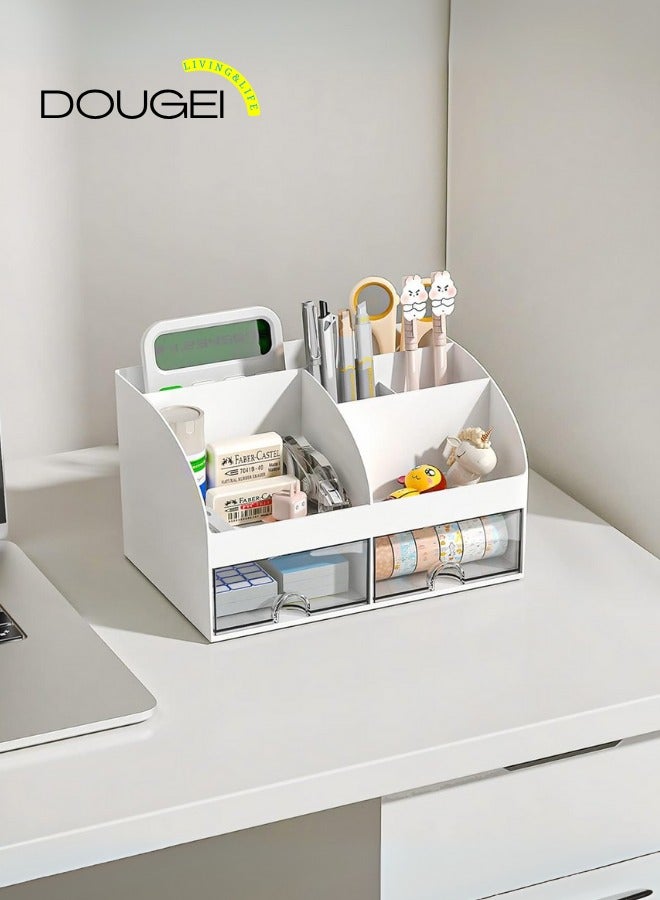 DOUGEI Desk Organizer with 6 Compartments and 2 Drawers, Plastic Makeup Organizer, Pen Holder for Desktop Storage, Desk Organization for School, Home, Office Supplies - Image 1
