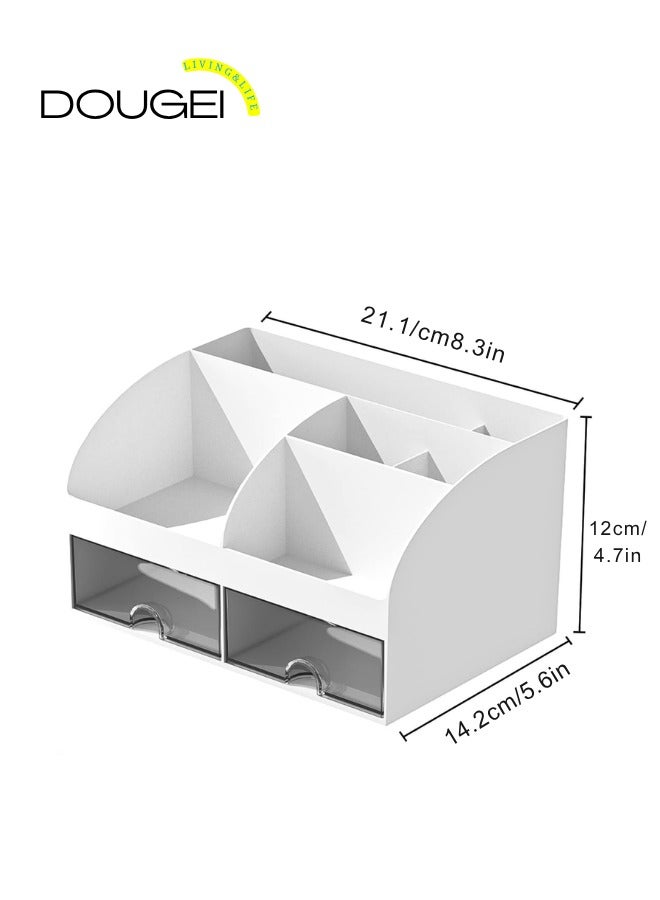 DOUGEI Desk Organizer with 6 Compartments and 2 Drawers, Plastic Makeup Organizer, Pen Holder for Desktop Storage, Desk Organization for School, Home, Office Supplies - Image 2