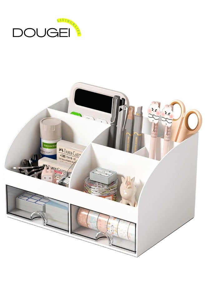 DOUGEI Desk Organizer with 6 Compartments and 2 Drawers, Plastic Makeup Organizer, Pen Holder for Desktop Storage, Desk Organization for School, Home, Office Supplies - Image 4