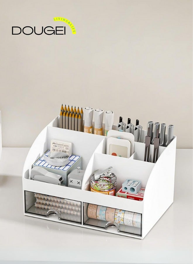 DOUGEI Desk Organizer with 6 Compartments and 2 Drawers, Plastic Makeup Organizer, Pen Holder for Desktop Storage, Desk Organization for School, Home, Office Supplies - Image 3