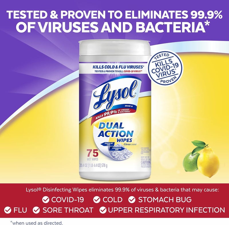 Lysol مناديل مطهرة ذات عمل مزدوج، مناديل مضادة للبكتيريا متعددة الأسطح، للتعقيم والتنظيف، برائحة الحمضيات، 75 قطعة - Image 2