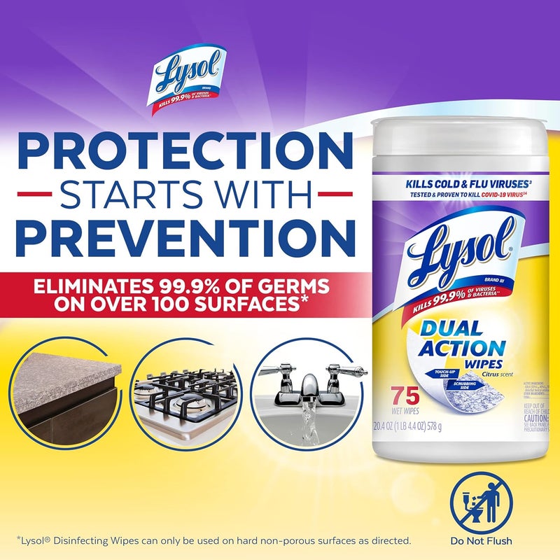 Lysol مناديل مطهرة ذات عمل مزدوج، مناديل مضادة للبكتيريا متعددة الأسطح، للتعقيم والتنظيف، برائحة الحمضيات، 75 قطعة - Image 4
