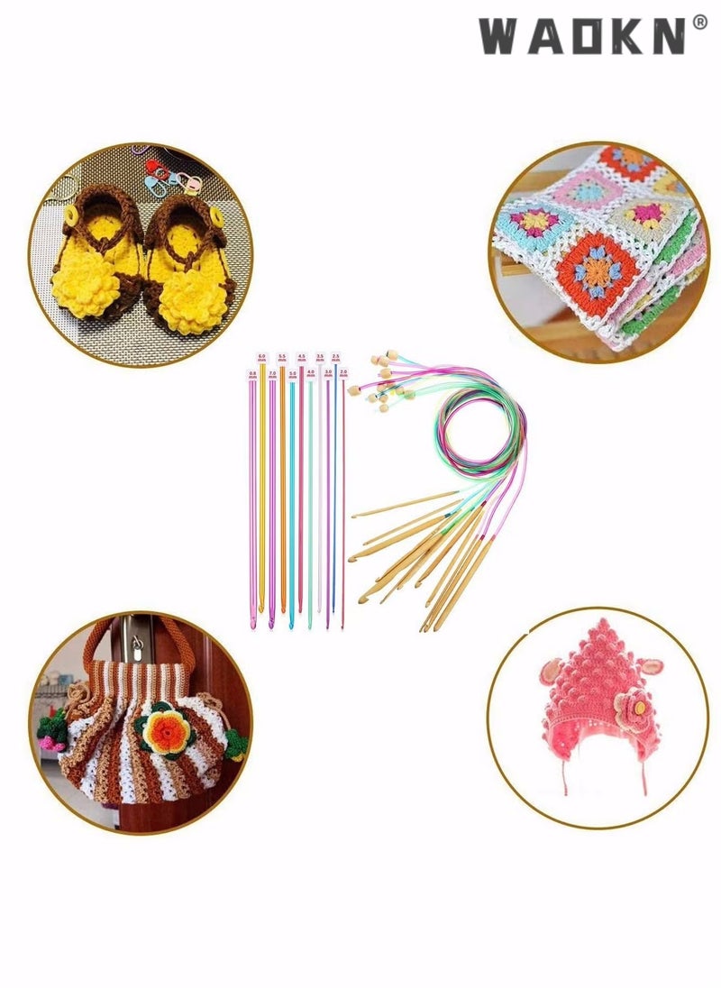 WAOKN - Tunisian Crochet Hooks Set 23 Pcs, 12 Pcs Colorful 3-10mm Bamboo Knitting Needle with Extend Braided Tube, Anti-Slip Bead Bamboo Crochet Hook 11Pcs 2-8mm Aluminum Crochet Hook Needle Hook Sets - Image 1