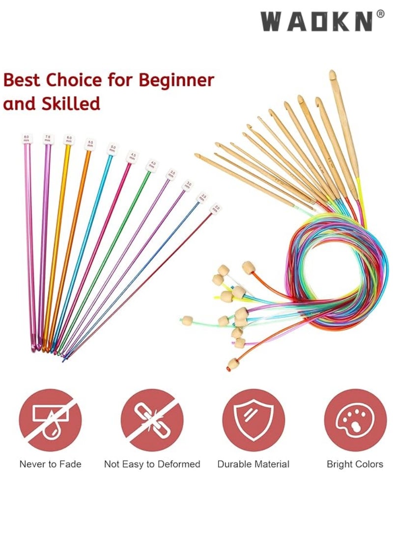 WAOKN - Tunisian Crochet Hooks Set 23 Pcs, 12 Pcs Colorful 3-10mm Bamboo Knitting Needle with Extend Braided Tube, Anti-Slip Bead Bamboo Crochet Hook 11Pcs 2-8mm Aluminum Crochet Hook Needle Hook Sets - Image 1