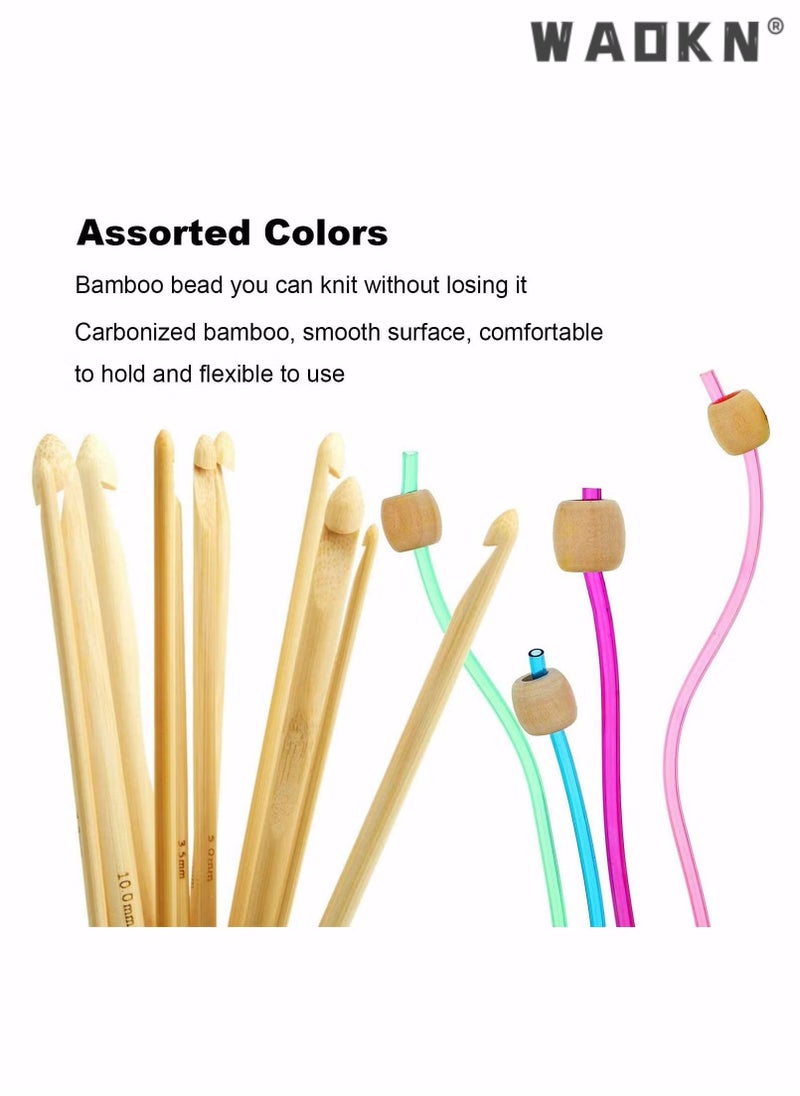 WAOKN - Tunisian Crochet Hooks Set 23 Pcs, 12 Pcs Colorful 3-10mm Bamboo Knitting Needle with Extend Braided Tube, Anti-Slip Bead Bamboo Crochet Hook 11Pcs 2-8mm Aluminum Crochet Hook Needle Hook Sets - Image 1