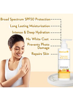 WishCare SPF50 Sunscreen Body Lotion - Broad Spectrum - UVA & UVB Protection with No White Cast - With Carrot Seed & Raspberry - For Men & Women - 200 Ml  - Image 3