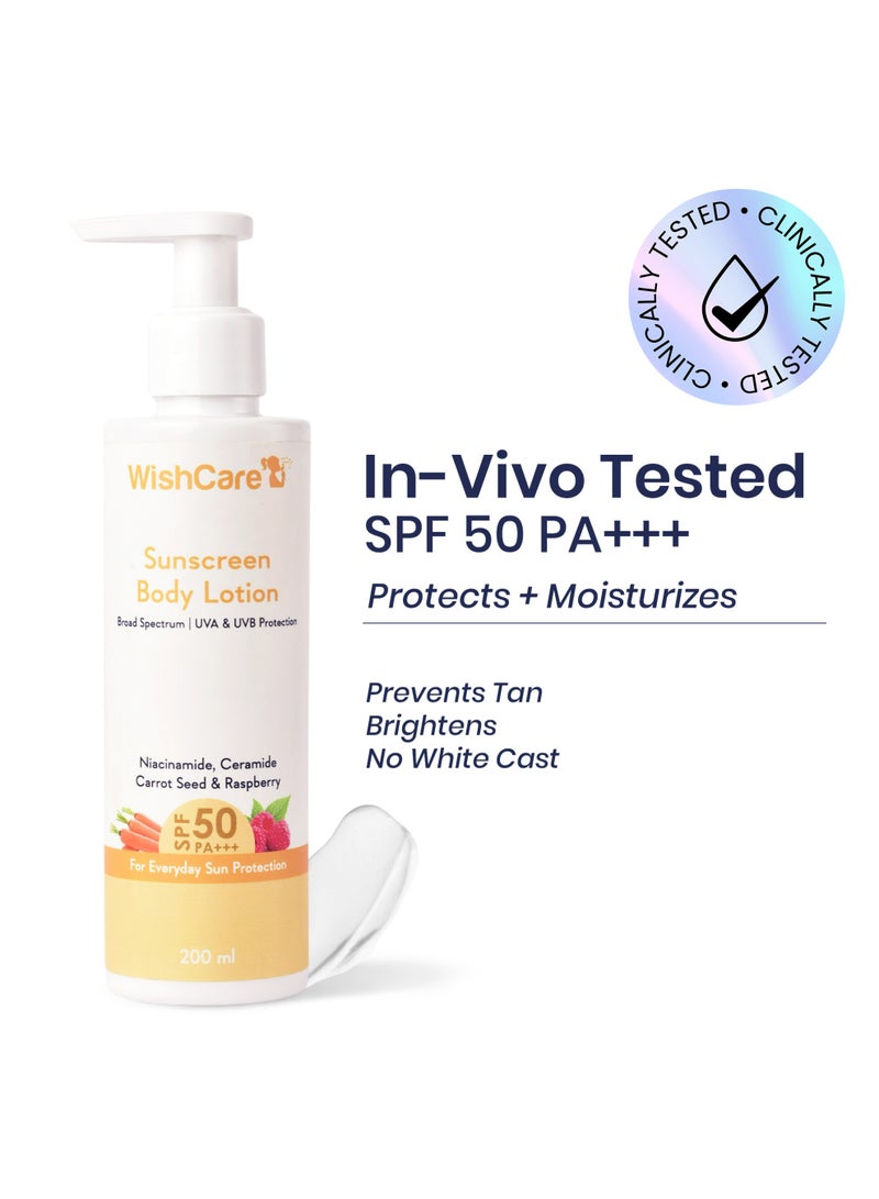 WishCare لوشن الجسم الواقي من الشمس بمعامل حماية SPF50 - واسع الطيف - حماية من الأشعة فوق البنفسجية فئة A وB مع عدم وجود طبقة بيضاء - مع بذور الجزر والتوت - للرجال والنساء - 200 مل - Image 1