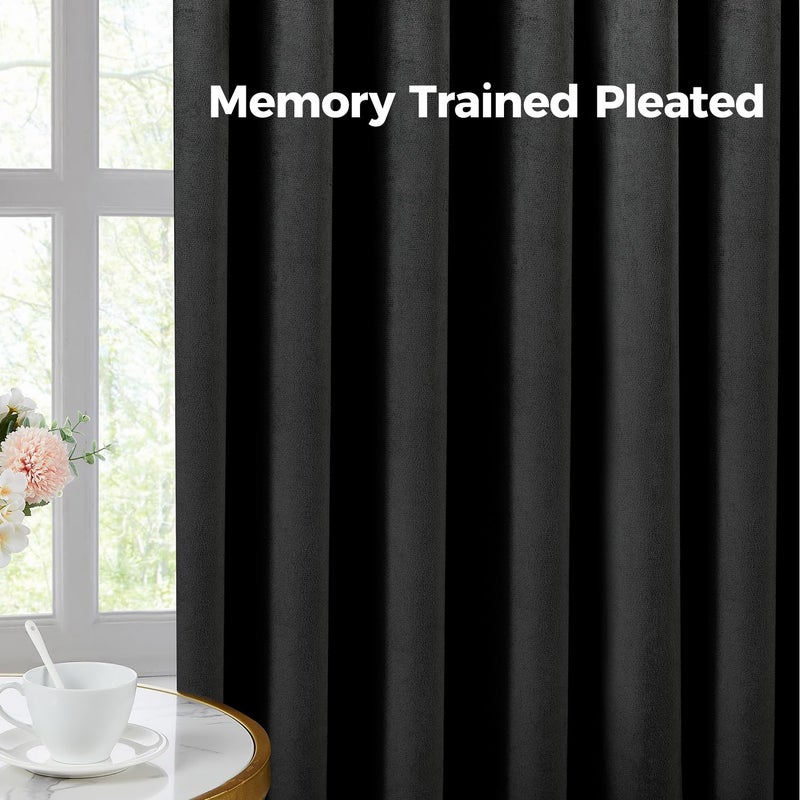Swandream Pinch Pleated 100% Blackout Curtains for Bedroom, Black Velvet Curtains for Living Room, Black Out Curtain 84 inch Long Room Darkening, Blackout Pinch Pleat Drapes with Hooks 2 Panels - Image 5