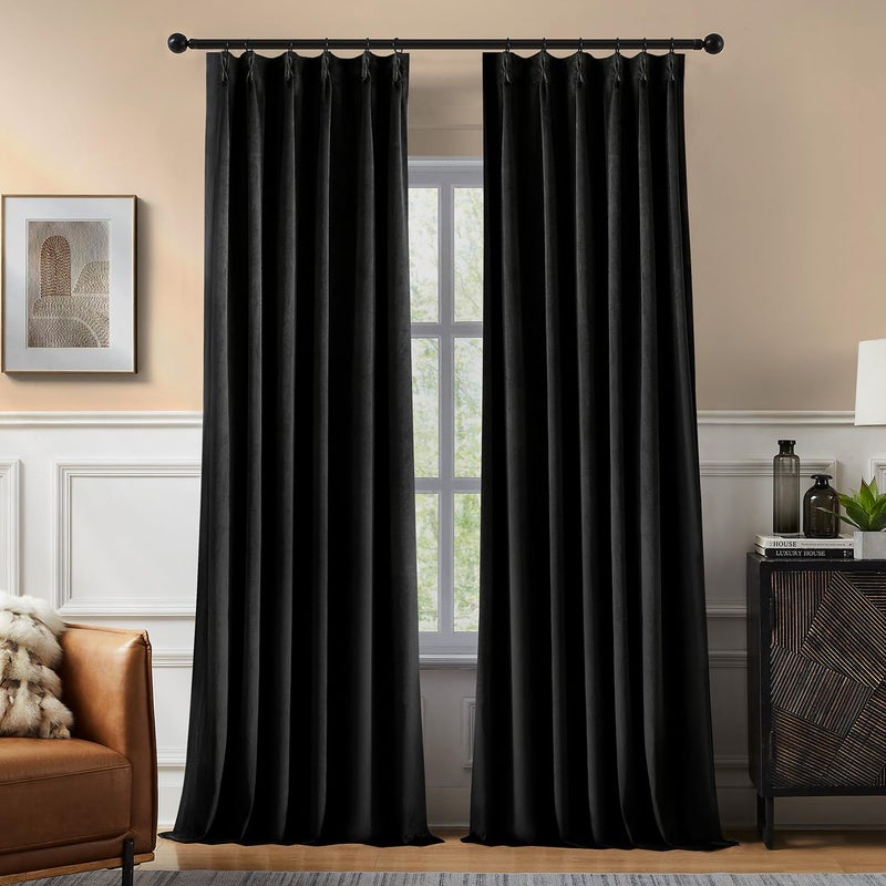 Swandream Pinch Pleated 100% Blackout Curtains for Bedroom, Black Velvet Curtains for Living Room, Black Out Curtain 84 inch Long Room Darkening, Blackout Pinch Pleat Drapes with Hooks 2 Panels - Image 1