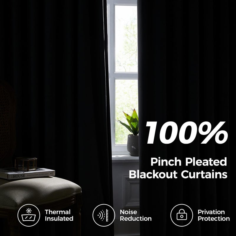 Swandream Pinch Pleated 100% Blackout Curtains for Bedroom, Black Velvet Curtains for Living Room, Black Out Curtain 84 inch Long Room Darkening, Blackout Pinch Pleat Drapes with Hooks 2 Panels - Image 2