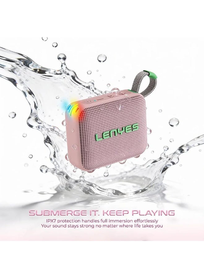 لينيس مكبر صوت بلوتوث صغير الحجم Lenyes S216 بقوة 6 واط مقاوم للماء بمعيار IPX7 صوت جهير عميق ستيريو TWS بلوتوث 5.3 يدعم بطاقة ذاكرة TF ومزود بحزام حمل صغير الحجم وخفيف الوزن وردي - Image 3