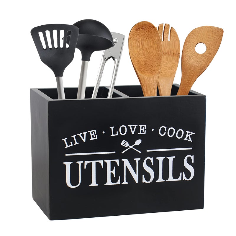 Karisky Kitchen Utensil Holder with Removable Bottom Large 2 Compartments Utensil Organizer Farmhouse Utensil Caddy for Countertop Decor 24 x 12 x 17 cm Black