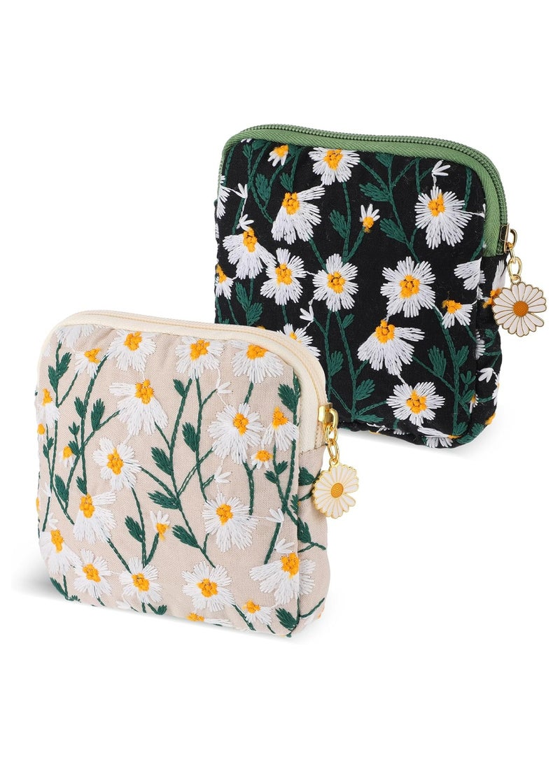 Oasisgalore 2pcs Daisies Sanitary Napkin Bag - Embroidery Menstrual Cup Pouch for Teen Girls and Women  - Image 1