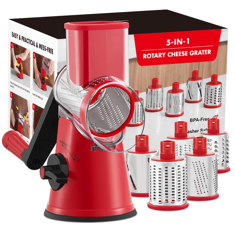 GDL Rotary Cheese Grater, Upgraded 5-in-1 Cheese Grater Hand Crank, Multi-purpose Cheese Shredder with Handle, Vegetable Slicer Cutter Ice Shaver for Potato, Carrot, Nuts, Chocolate - Image 1