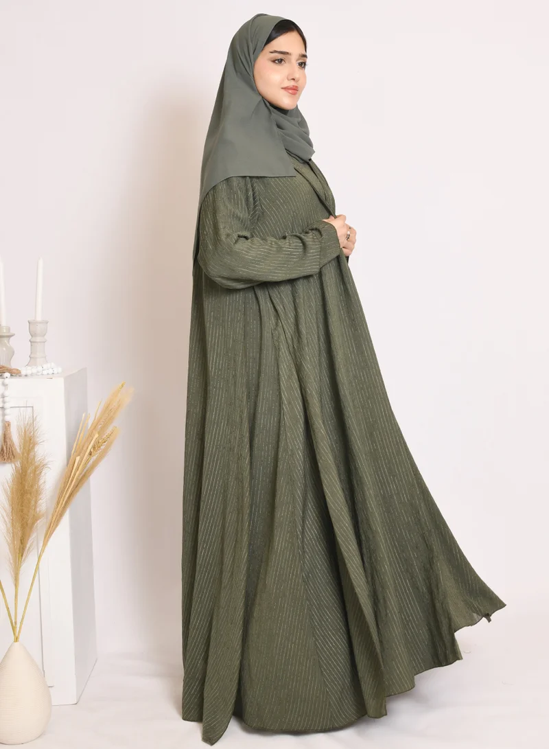HAWRAA ABAYA Green quarter-cloche wrap abaya with striped fabric and set dress
