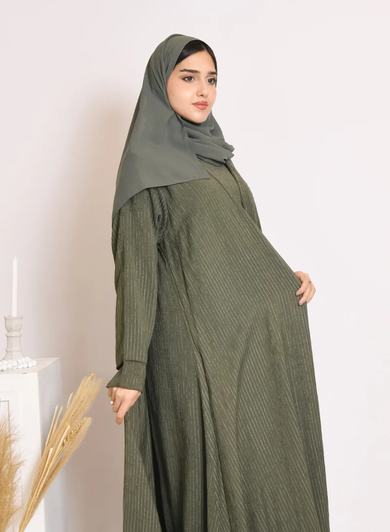 HAWRAA ABAYA Green quarter-cloche wrap abaya with striped fabric and set dress
