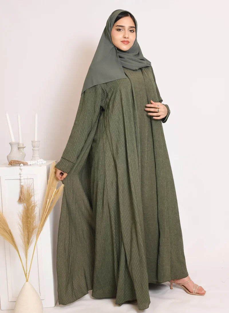 HAWRAA ABAYA Green quarter-cloche wrap abaya with striped fabric and set dress