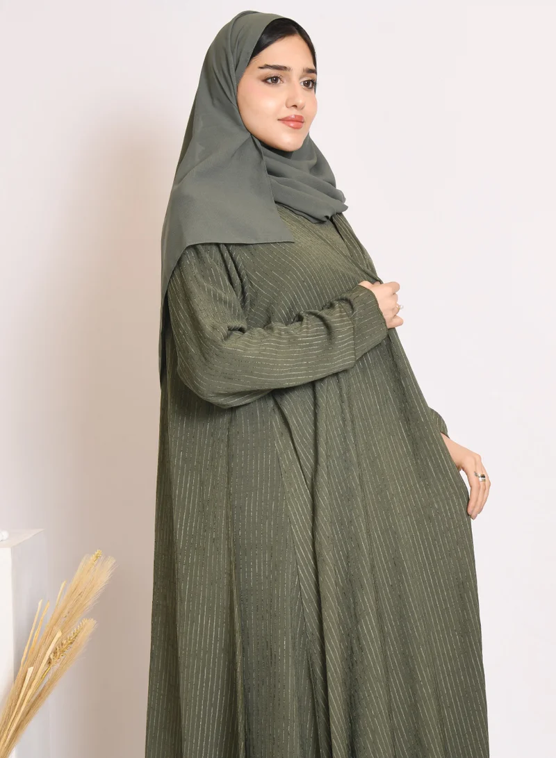 HAWRAA ABAYA Green quarter-cloche wrap abaya with striped fabric and set dress