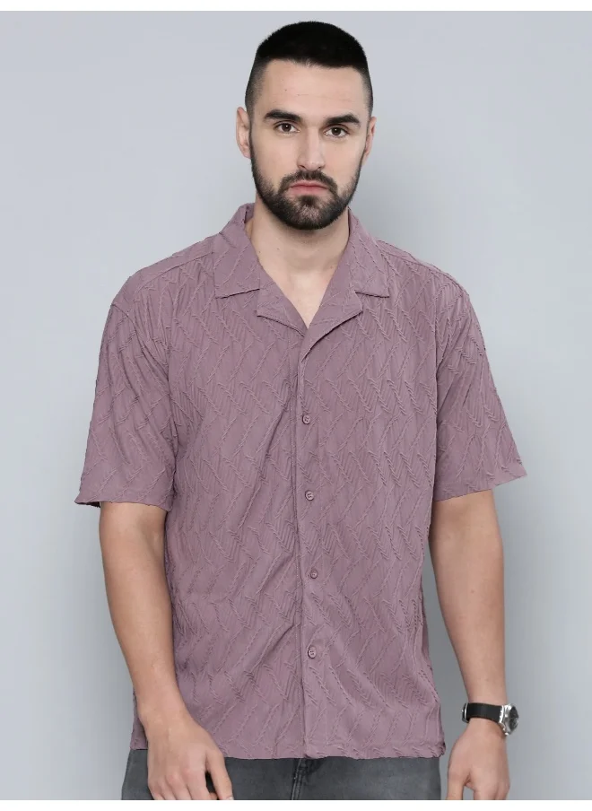 Maniac Mens Creased Solid Collared Neck 3/4th Sleeve Dusty Pink Cotton Shirt