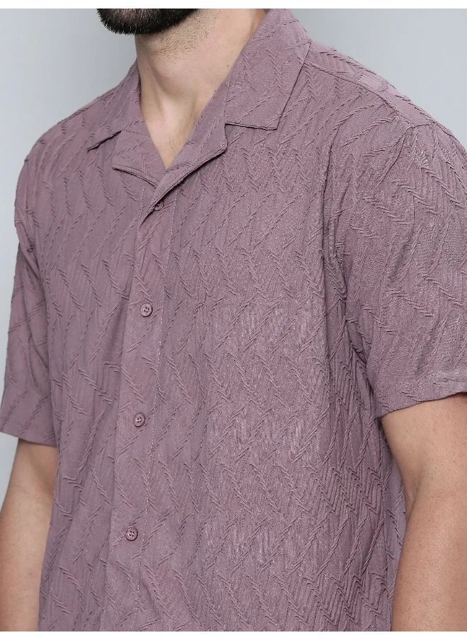 Maniac Mens Creased Solid Collared Neck 3/4th Sleeve Dusty Pink Cotton Shirt