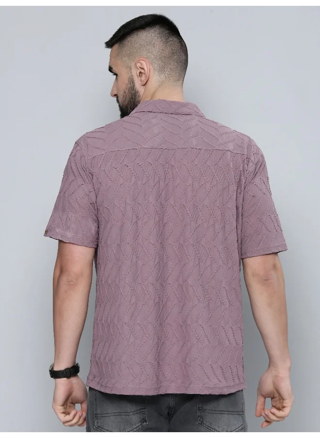 Maniac Mens Creased Solid Collared Neck 3/4th Sleeve Dusty Pink Cotton Shirt