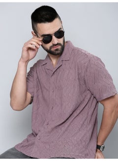 Maniac Mens Creased Solid Collared Neck 3/4th Sleeve Dusty Pink Cotton Shirt  - Image 1