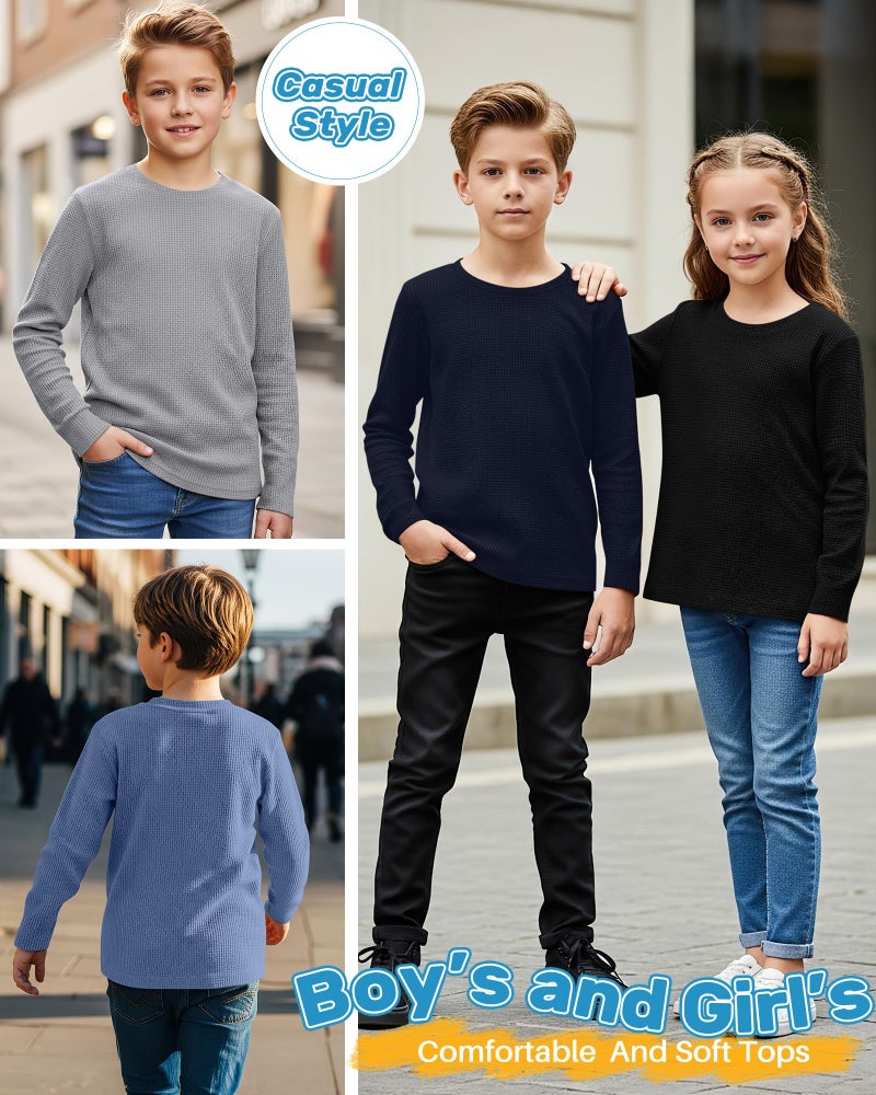 LessonZoo 4 Pack Boys Long Sleeve Shirts Crewneck Kids Waffle Knit T Shirts Toddler Boy Thermal Casual Tops Tees 5-14 Years(Haze Blue, Navy Blue, Gray, Black,5-6 Years) - Image 4