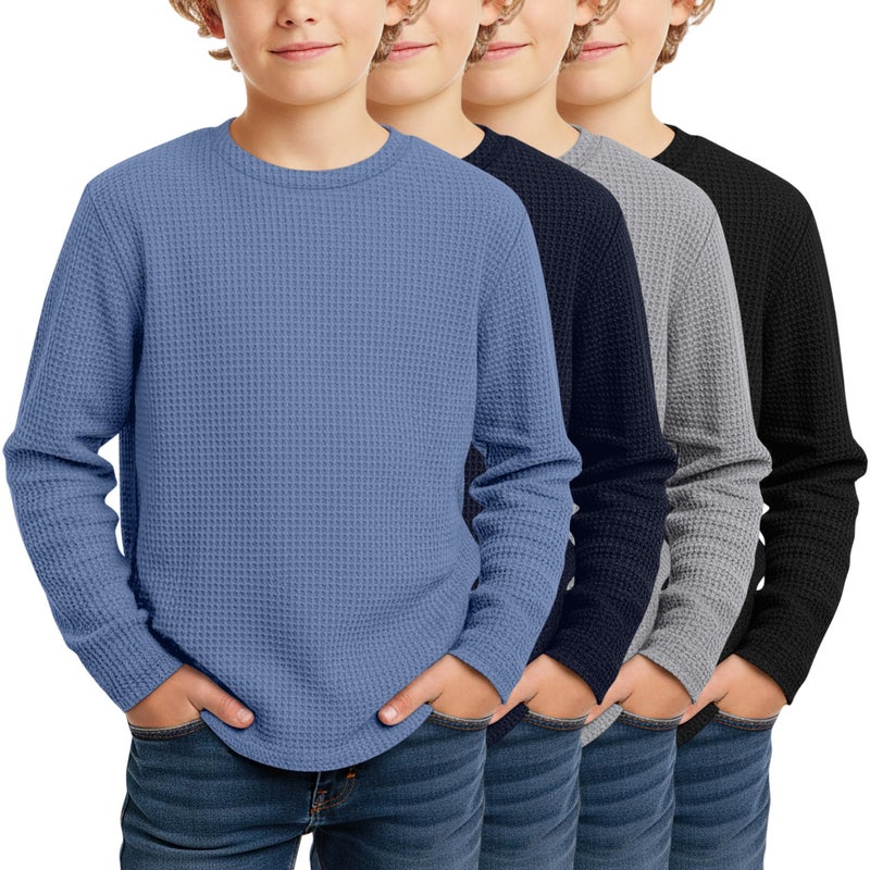 LessonZoo 4 Pack Boys Long Sleeve Shirts Crewneck Kids Waffle Knit T Shirts Toddler Boy Thermal Casual Tops Tees 5-14 Years(Haze Blue, Navy Blue, Gray, Black,5-6 Years) - Image 1