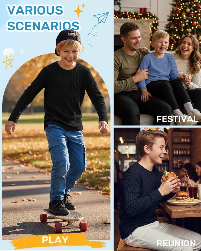 LessonZoo 4 Pack Boys Long Sleeve Shirts Crewneck Kids Waffle Knit T Shirts Toddler Boy Thermal Casual Tops Tees 5-14 Years(Haze Blue, Navy Blue, Gray, Black,5-6 Years) - Image 2