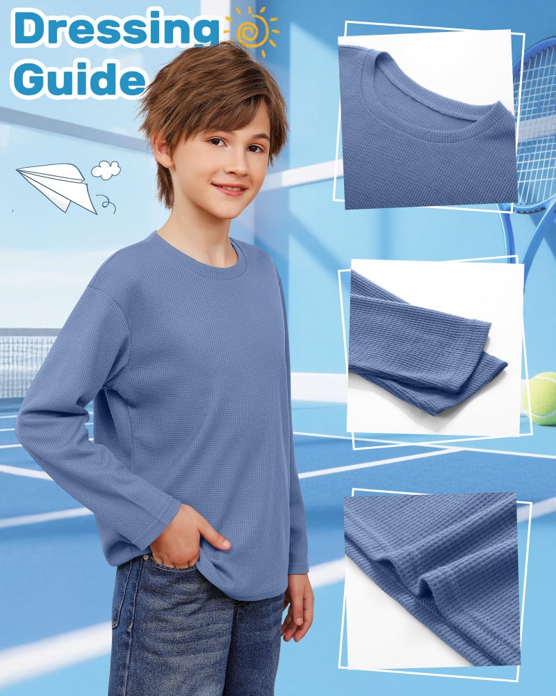 LessonZoo 4 Pack Boys Long Sleeve Shirts Crewneck Kids Waffle Knit T Shirts Toddler Boy Thermal Casual Tops Tees 5-14 Years(Haze Blue, Navy Blue, Gray, Black,5-6 Years) - Image 5