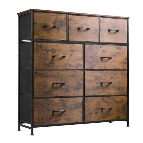 Wlive WLIVE 9Drawer Dresser Fabric Storage Tower for Bedroom Hallway Entryway Closet Tall Chest Organizer Unit with Fabric Bins Steel Frame Wood Top Easy Pull Handle Rustic Brown Wood Grain Print