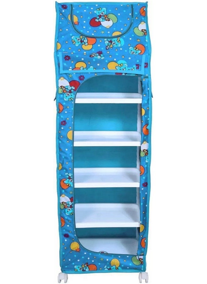 YouCopia YouCopia Almirah for Clothes,Plastic Wardrobe for Clothes Multipurpose Collapsible Wardrobe for Kids Clothes/Toy/Book, Baby Cupboard for Clothes Storage in Bedroom Nursery,Cartoon with Wheels Firozi  - Image 5