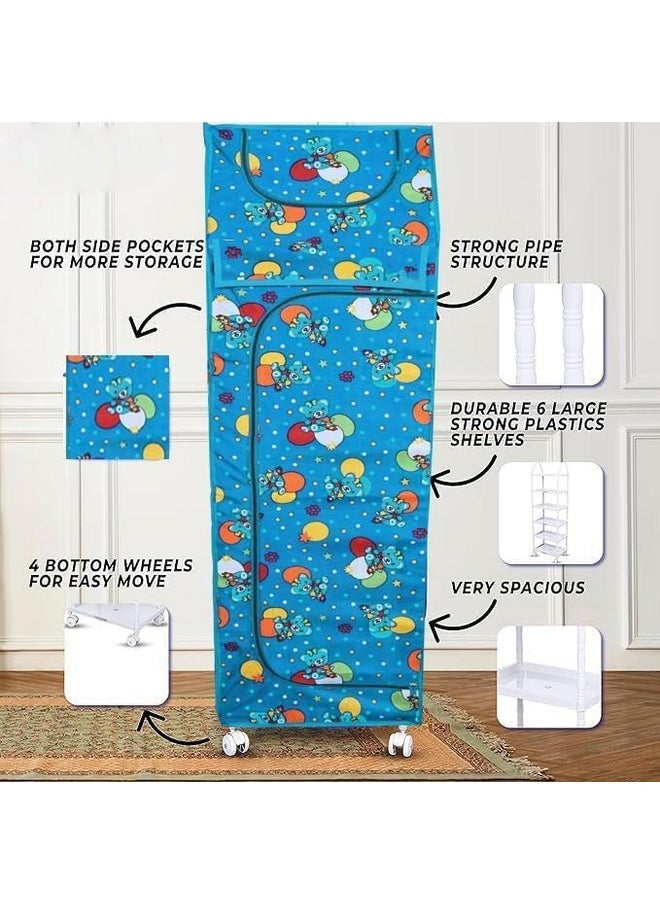 YouCopia YouCopia Almirah for Clothes,Plastic Wardrobe for Clothes Multipurpose Collapsible Wardrobe for Kids Clothes/Toy/Book, Baby Cupboard for Clothes Storage in Bedroom Nursery,Cartoon with Wheels Firozi  - Image 2