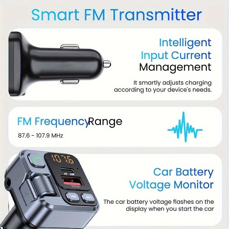 جهاز إرسال FM لاسلكي رمادي لمحول السيارة، يدعم المكالمات اليدوية الحرة، مزود بمنفذين USB من النوع C بقدرة 30 واط للشحن السريع، وبث الموسيقى - Image 1