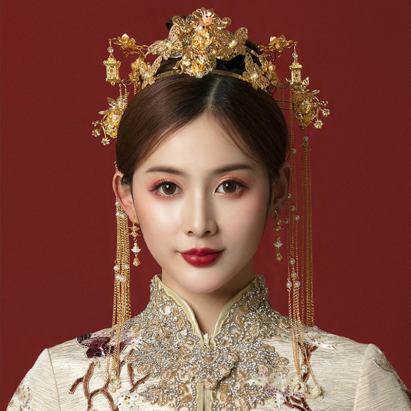 Generic Xiuhe Headwear Xiuhe Clothing Phoenix Crown Jewelry Bride Antique Wedding Simple Chinese Style Clothing Ancient Costume Golden Hair Accessories for Women Yellow 