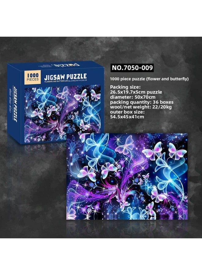 Adult 1000 Piece Jigsaw Round Thousand Color Rainbow Starry Sky Earth Starry Sky 3D Puzzle Science And Education Children's Toys-Color:7050-009 White Card Thickening 【Flowers And erflies】】 - Image 1