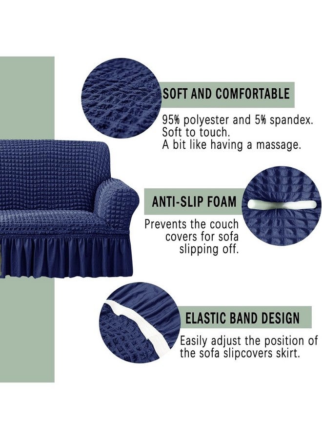 VORHANG Stretch Sofa Slipcover Easy Fitted Sofa Couch Cover with Skirt (Navy Blue -3 Seater) Pack of 1 - Image 3